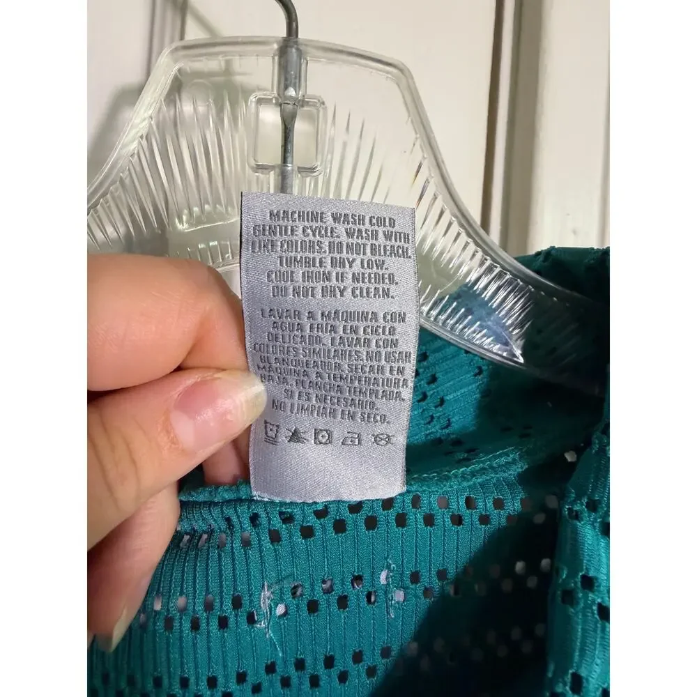 Hurley Teal 2 Piece Set Wide Leg Pants Button Shirt Crochet Open Knit - XL